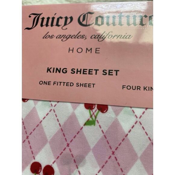 6 Piece Juicy Couture CHERRIES Cherry Argyle Pink Sheet Set King Size NEW - Picture 4 of 15